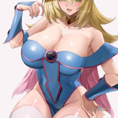 yu-gi-oh!, yu-gi-oh! duel monsters, dark magician girl, duel monster, kataku musou, bangs, bare shoulders, blonde hair, blue nails, bracer, cleavage, green eyes, hair between eyes, huge breasts, long hair