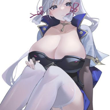 genshin impact, kamisato ayaka, kanekoej, big breasts, breasts, huge breasts, legs, samurai, silver hair, stockings, thick, thick legs, thick thighs, thigh highs, thighhighs