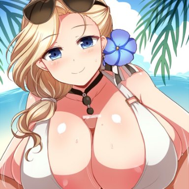 azur lane, hood (azur lane), hood (sunlit lady) (azur lane), artist request, 1boy, 1boy1girl, 1girls, beach, big breasts, blonde hair, blue eyes, blush, boobjob, breasts, choker