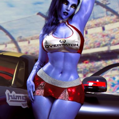 blizzard entertainment, overwatch, widowmaker, milapone, abs, boob window, car, hard nipples, purple hair, purple skin, skirt, stadium, thick thighs, 3d