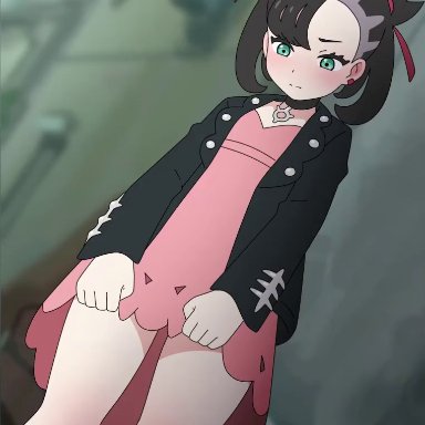 nintendo, pokemon, pokemon ss, marnie (pokemon), kyodori, 1girls, ass visible through thighs, black hair, black jacket, black nails, blush, choker, earrings, embarrassed, female