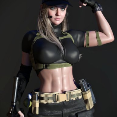 resident evil, resident evil 8: village, rosemary winters, rude frog, 1girls, abs, big breasts, blonde hair, female, female only, fit, fit female, flexing, gun, 3d