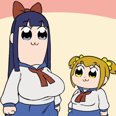 pop team epic, pipimi, popuko, superbinario, 1futa, 1girls, big breasts, blue eyes, blue hair, bouncing breasts, breast slap, breasts, clothed, clothing, dick