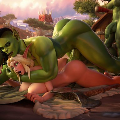 world of warcraft, blood elf, tektah, 1girls, 2futas, ahe gao, anal, anal sex, athletic female, athletic futanari, balls, blush, breasts, choke hold, doggy style