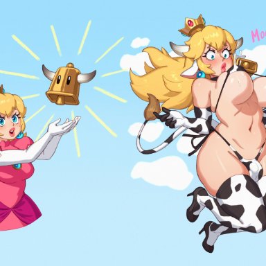 mario (series), super mario bros., princess peach, rizdraws, 1futa, balls, bell, big breasts, breast expansion, breasts, clothed, clothing, cow girl, cow print, crown