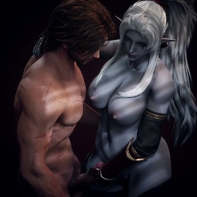 dark elf blader, ryanreos, volkor, 1boy, 1boy1girl, 1girls, areola, big breasts, blue skin, dark elf, dark skin, female, handjob, long hair, penis