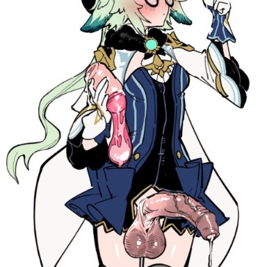 genshin impact, sucrose (genshin impact), mirin chikuwa, 1futa, after masturbation, animal ears, artificial vagina, balls, beret, big penis, black legwear, blue dress, blush, bottomless, breasts