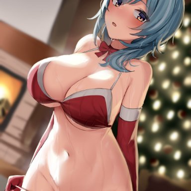 christmas, genshin impact, eula (genshin impact), shengtian, 1girls, bangs, bare shoulders, belly button, big breasts, bikini, bikini bottom, bikini top, blue hair, blush, bow