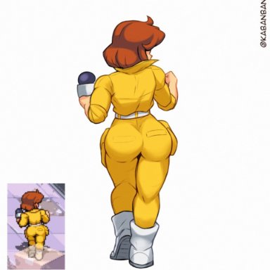 teenage mutant ninja turtles, april o'neil, kabanbang, 1girls, ass, back, comparing, from behind, full body, jumpsuit, medium hair, microphone, orange hair, solo, standing