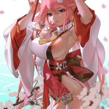genshin impact, yae miko, artist request, animal ears, areola slip, armpits, arms up, bigroll, branch, breasts, cherry blossoms, chinese knot, cowboy shot, detached sleeves, earrings