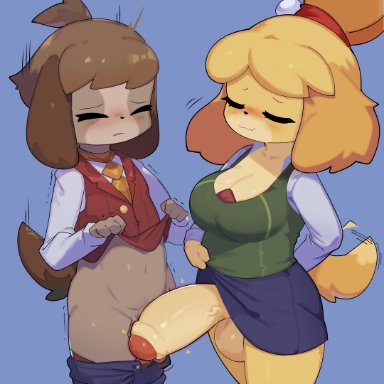 animal crossing, nintendo, digby (animal crossing), isabelle (animal crossing), honeycalamari, anthro, balls, bottomwear, bottomwear down, breasts, brother, brother and sister, canid, canine, canis