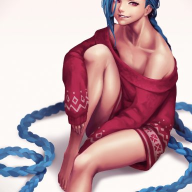 arcane, christmas, league of legends, jinx (league of legends), oopartz yang, 1girls, blue hair, bottomless, braid, cute, feet, female, female only, light-skinned female, red eyes