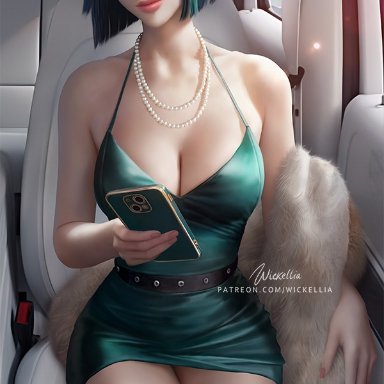one-punch man, fubuki (one-punch man), wickellia, 1girls, bare shoulders, big breasts, blush, bob cut, boots, breast, breasts, car, car interior, cellphone, cleavage