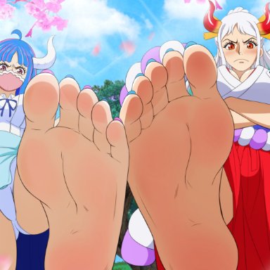 one piece, ulti (one piece), yamato (one piece), zorzero, angry, barefoot, big feet, blush, clothed, feet, foot fetish, looking at viewer, solo, underwear