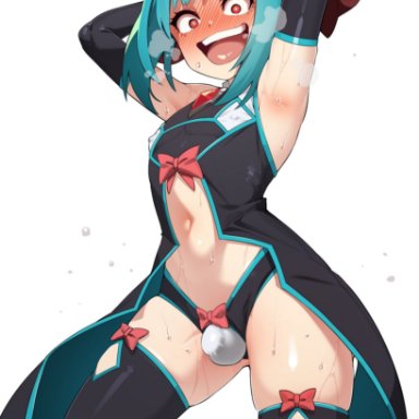 ain(in), 1boy, androgynous, armpits, arms up, belly, belly button, blush, blushing at viewer, clothed, cyan eyes, erect nipples, femboy, feminine male, flat chest