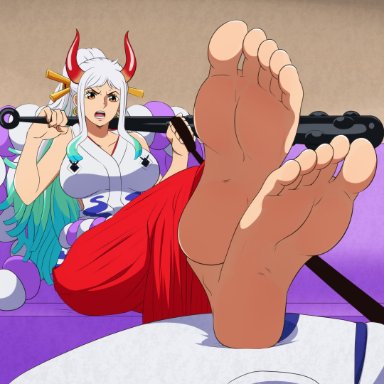 one piece, yamato (one piece), zorzero, 1girls, angry, angry face, bat, big feet, clothed, feet, female, female only, femdom, foot fetish, slave