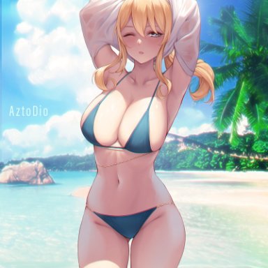 genshin impact, jean gunnhildr, azto dio, 1girls, armpits, arms up, beach, bikini, blonde hair, blue eyes, breasts, female, female only, huge breasts, long hair