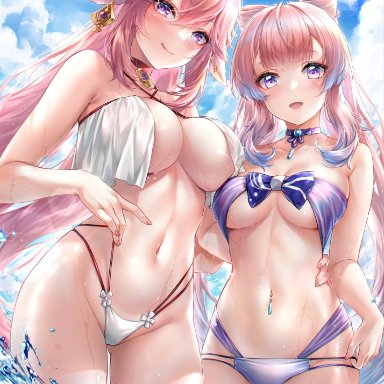 genshin impact, sangonomiya kokomi, yae miko, rei kun, 2girls, beach, bikini, breast size difference, breasts, female, female only, fox ears, fox girl, hips, huge breasts