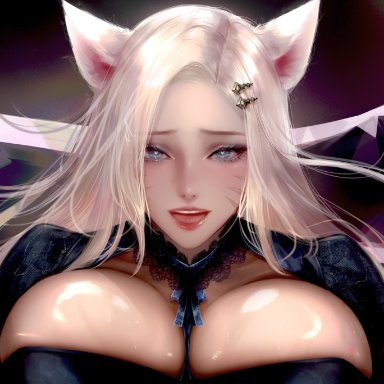 k/da all out series, k/da series, league of legends, ahri, k/da ahri, k/da all out ahri, lohel, 1girls, blonde hair, blue eyes, female, female only, fox ears, huge breasts, light-skinned female