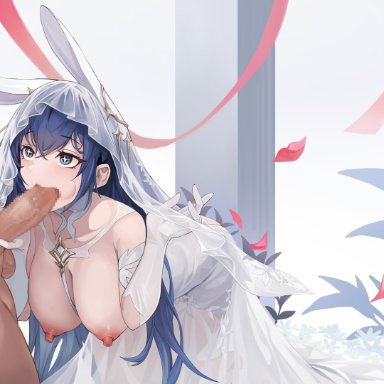 azur lane, new jersey (azur lane), artist request, 1boy, 1boy1girl, 1girls, areolae, big breasts, big penis, blowjob, blue eyes, blue hair, breasts, bridal gauntlets, bridal veil