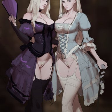 tarakanovich, 2girls, black legwear, blonde hair, dress, female only, folding fan, garter straps, long hair, looking at viewer, purple eyes, pussy, white legwear, wip