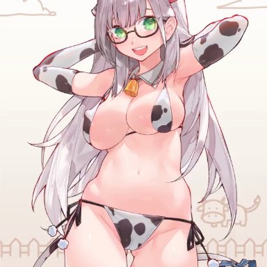 hololive, shirogane noel, waterring, 1girl, :d, animal ears, animal print, arms behind head, ass visible through thighs, bangs, bell, bikini, black legwear, breasts, cameltoe