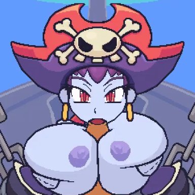 shantae, risky boots, wonster-chan, 1boy, 1girls, :&gt;, areola, big breasts, blowjob, blue skin, boobjob, bouncing breasts, breast grab, breast hold, breast jiggle