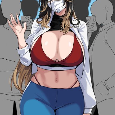 original, original character, drogod (artist), 1girls, black eyes, black hair, breasts, brown hair, cropped jacket, female, hips, huge breasts, jacket, long hair, mask