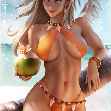 nintendo, pokemon, pokemon sv, pokemon professor, professor sada (pokemon), olchas, 1girls, asymmetrical hair, beach, bikini, blue eyes, breasts, drink, female, female only