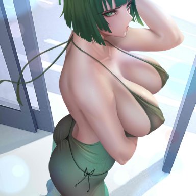 one-punch man, fubuki (one-punch man), melowh, 1girls, above view, areola bulge, arm up, ass, back, bare shoulders, big ass, big breasts, big butt, bikini, blush