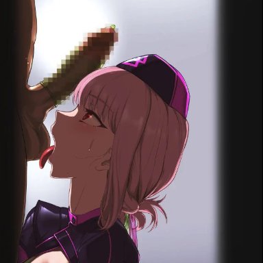 fate/grand order, fate (series), florence nightingale (fate), balmingsquid, 1boy, 1girls, balls, big penis, condom, condom on penis, dark-skinned male, dark skin, fellatio, female, female focus