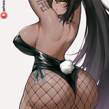 blue archive, karin (blue archive), batako, 1girls, arms up, ass, back, back view, black hair, black leotard, blush, breasts, brown skin, bubble butt, bunny ears