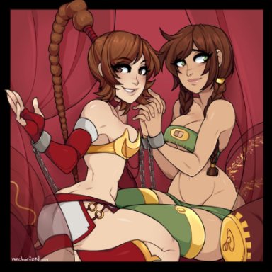 avatar the last airbender, jin (avatar), ty lee, mechanized, 2girls, asian female, ass, barely clothed, belly dancer, belly dancer outfit, braid, braided hair, brown eyes, brown hair, chained