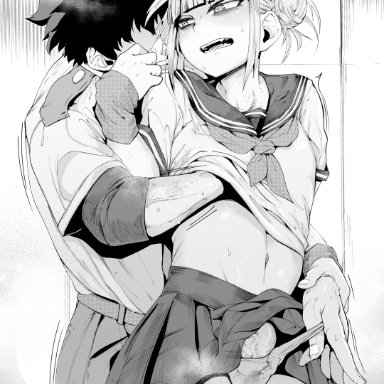 my hero academia, himiko toga, izuku midoriya, de7ta9, delta 9, 2boys, balls, clothed, clothing, erection, femboy, human, looking at viewer, looking back, male