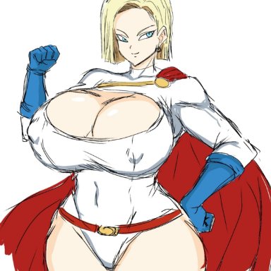 dc, dc comics, dragon ball, dragon ball z, shounen jump, android 18, power girl, momiji (artist), big breasts, blonde hair, blue eyes, breasts, cleavage, cosplay, female