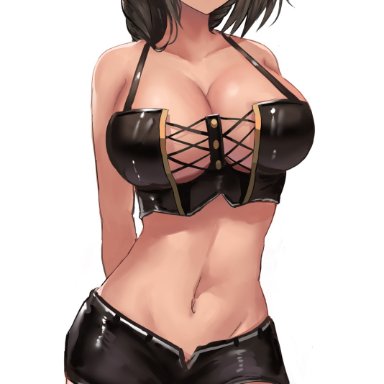 azur lane, south dakota (azur lane), liaowen, 1girls, black hair, black shorts, blush, braid, breasts, brown eyes, cleavage, collarbone, dark-skinned female, dark skin, female