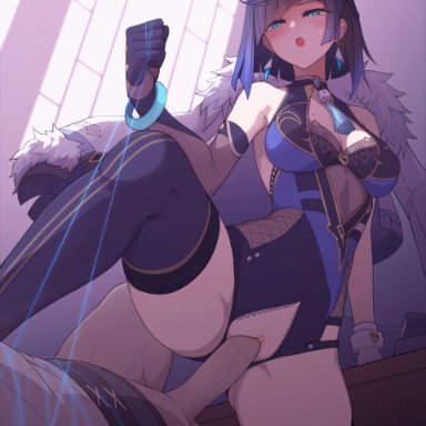 genshin impact, yelan (genshin impact), waero, 1boy, arm support, bangs, bare shoulders, black hair, black legwear, blue hair, bracelet, breasts, clothed sex, crotch zipper, diagonal bangs