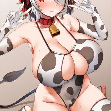 original, marota (imyme maro), animal costume, animal ears, animal print, bell, blush, breasts, cleavage, closed mouth, collar, cow costume, cow ears, cow girl, cow horns