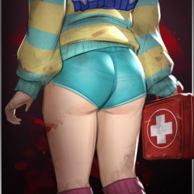 dead by daylight, feng min, thepixelbuster, ass, ass focus, blue bottomwear, butt crack outline, dolphin shorts, female, first aid kit, kneepits, kneesocks, shorts, sweater, tomboy