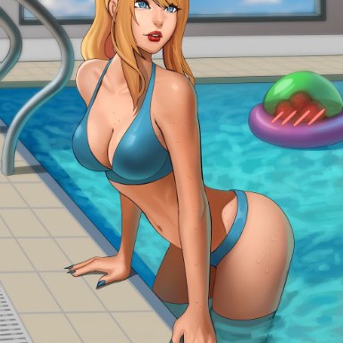 metroid, nintendo, metroid (creature), samus aran, astrowolf, 1girls, big, bikini, bikini bottom, bikini top, blonde hair, blue nail polish, breasts, cleavage, female