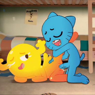 cartoon network, the amazing world of gumball, gumball watterson, penny fitzgerald, vsdrawfag, balls, blush, closed eyes, fairy, nude, one eye closed, open mouth, penis, pussy, tongue