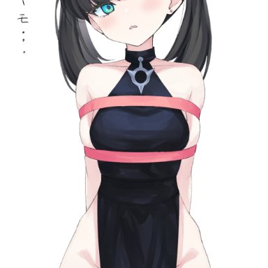 nintendo, pokemon, pokemon ss, marnie (pokemon), mizuongaku, 1girls, bare shoulders, black dress, black hair, bondage, breasts, brooch, choker, dress, earrings