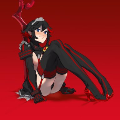 kill la kill, matoi ryuuko, hirundo rustica, hong doo, 1girls, blue eyes, blush, closed mouth, female only, female solo, light-skinned female, light skin, maid headdress, only female, sitting