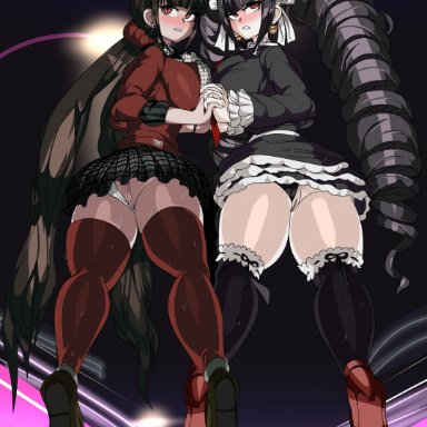 danganronpa, danganronpa: trigger happy havoc, danganronpa v3, celestia ludenberg, harukawa maki, captain kirb, 2girls, anus, female, female only, holding hands, panties aside, pussy, upskirt