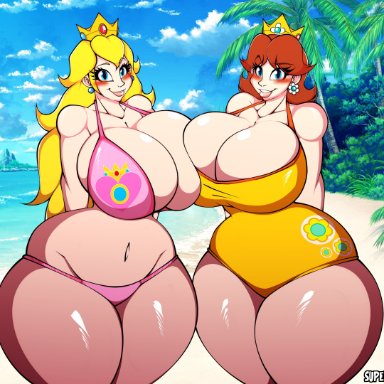 mario (series), nintendo, princess daisy, princess peach, superix, 2girls, alternate body type, alternate breast size, beach, belly button, big breasts, bikini, blonde hair, blue eyes, blush