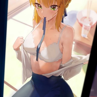 fate (series), artoria pendragon, saber, rororo, blonde hair, bra, breasts, medium breasts, royalty, skirt, undressing