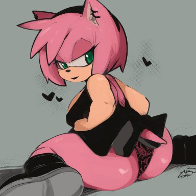 sonic (series), sonic the hedgehog (series), amy rose, milkshake (artist), anthro, big ass, furry, goth, green eyes, panties, short skirt