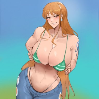 one piece, nami, kisou, big breasts, bikini top, black panties, jeans, long hair, lowrise jeans, orange hair, panties, solo, solo female