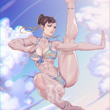 capcom, street fighter, street fighter 6, chun-li, arttoru, 1girls, abs, action pose, athletic female, bikini, boob window, bracelet, breasts, cameltoe, erect nipples