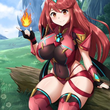 nintendo, xenoblade (series), xenoblade chronicles 2, pyra, canadiananiguy, 1girls, alternate hairstyle, bangs, bare thighs, blush, breasts, female, female only, hips, huge breasts